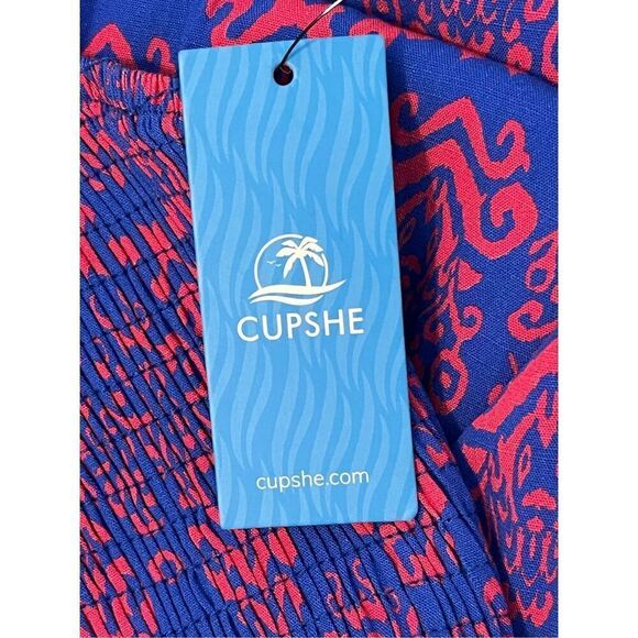 Cupshe Boho Smocked Bodice Maxi Tube Dress Red & Blue Print Sz S MMO Rayon & Vis - Picture 4 of 7
